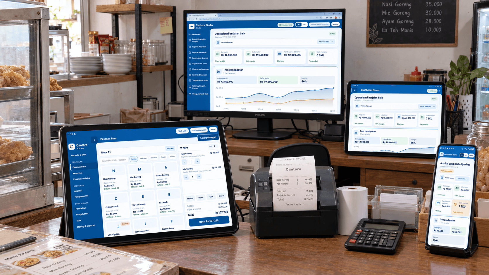 Cantara web dashboard, POS tablet, Business OS tablet, dan Business OS Android di outlet sederhana