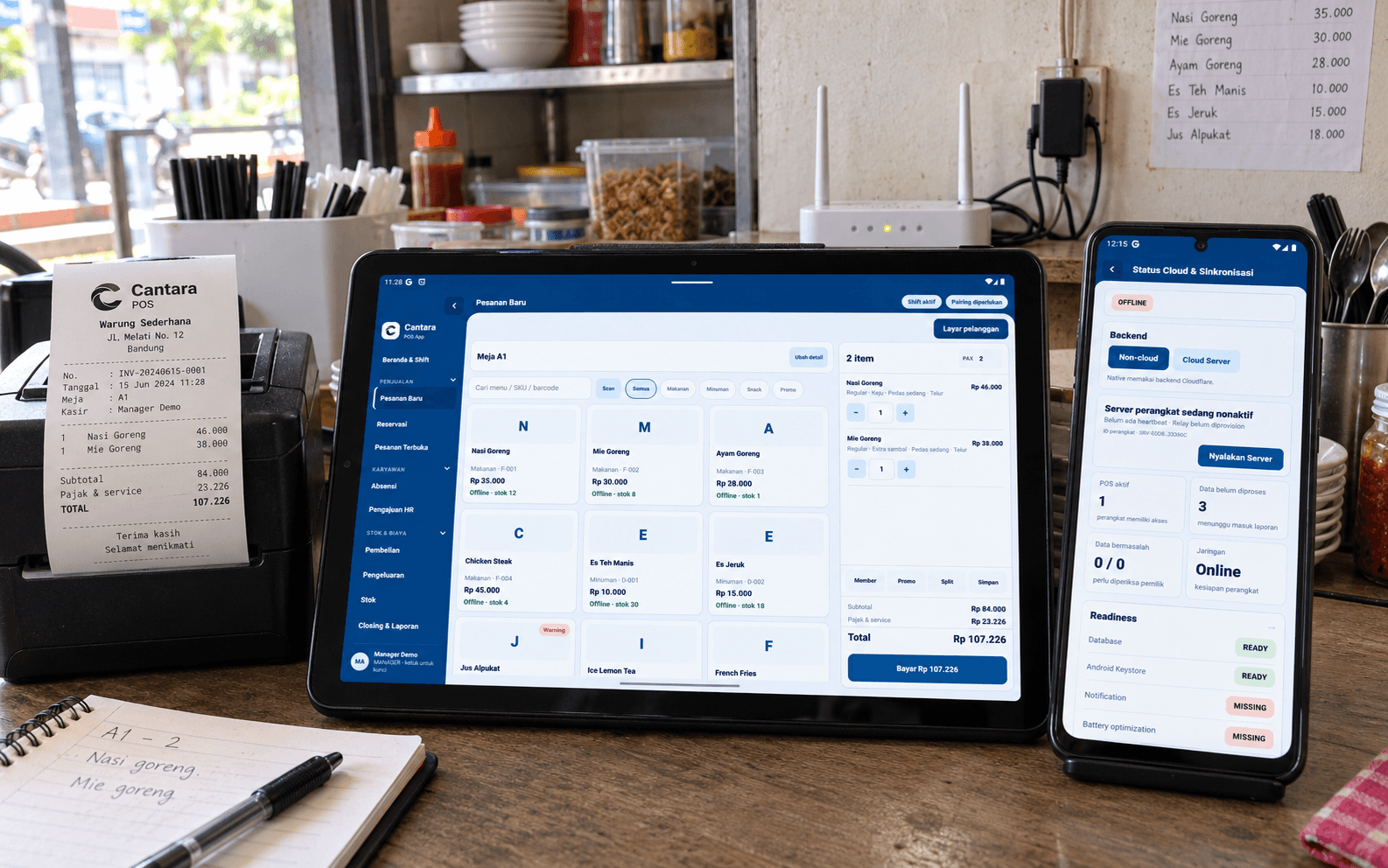 Cantara POS dan Business OS menunjukkan status koneksi dan pengiriman data di meja kasir