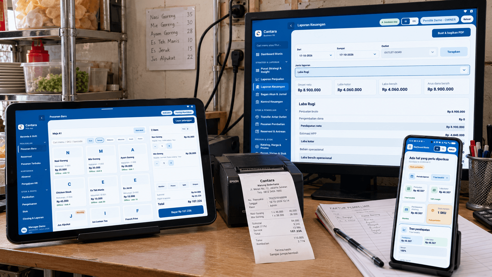 Cantara POS, struk, Business OS Android, dan laporan keuangan pada web dashboard